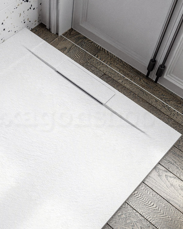 Piatto doccia 70x100 ultrapiatto effetto pietra in resina visto dall'alto con superficie e piletta di scarico - Exagonshop