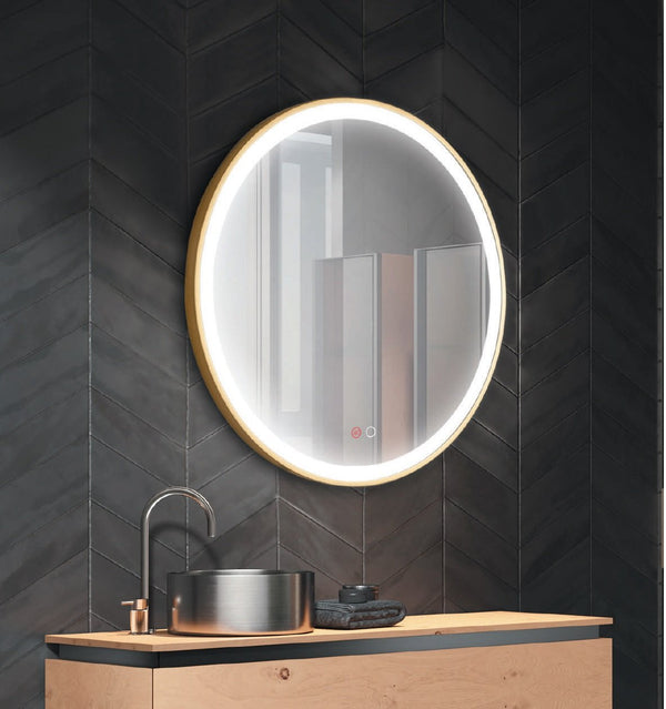 Specchio tondo 80 cm oro spazzolato luce calda fredda e neutra con doppio sensore antiappanamento e on off