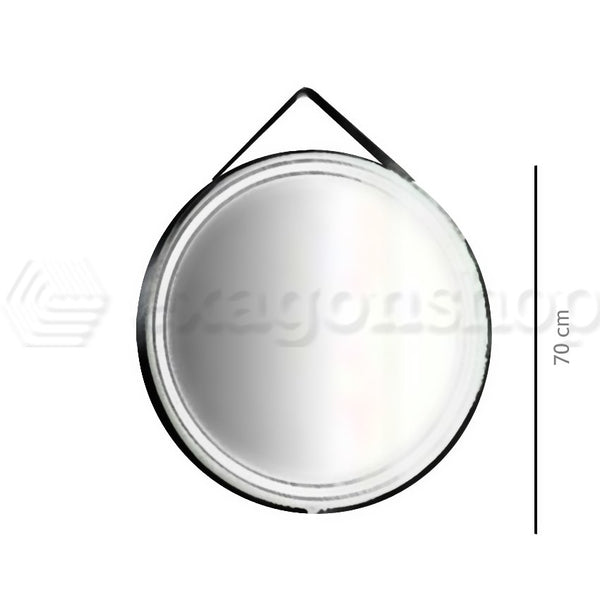 Specchio tondo illuminato 70 cm in metallo e cintura in ecopelle