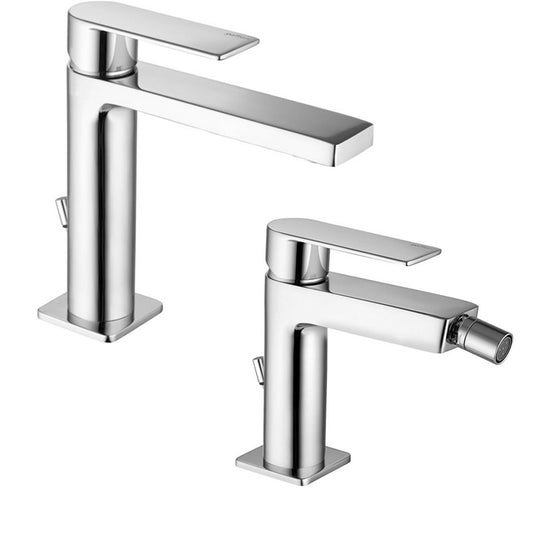 Paffoni tango coppia rubinetti lavabo e bidet cromato Cromato Lucido, vista frontale su sfondo bianco