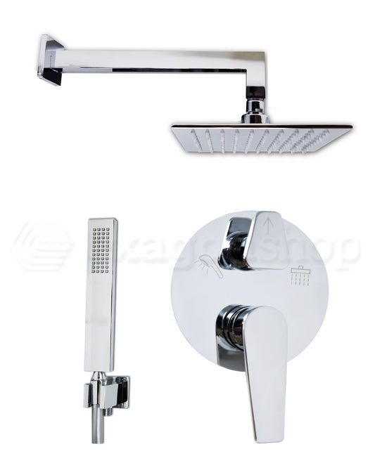 Set miscelatore doccia soffione 20x20 quadro e doccetta Cromo Lucido, dettaglio ravvicinato della finitura e del marchio...