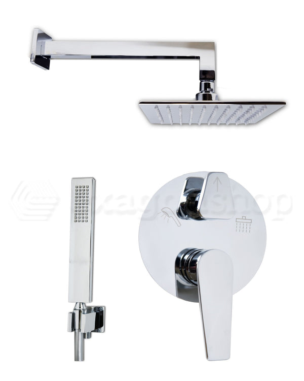 Set miscelatore doccia soffione 20x20 quadro e doccetta Cromo Lucido, dettaglio ravvicinato della finitura e del marchio...