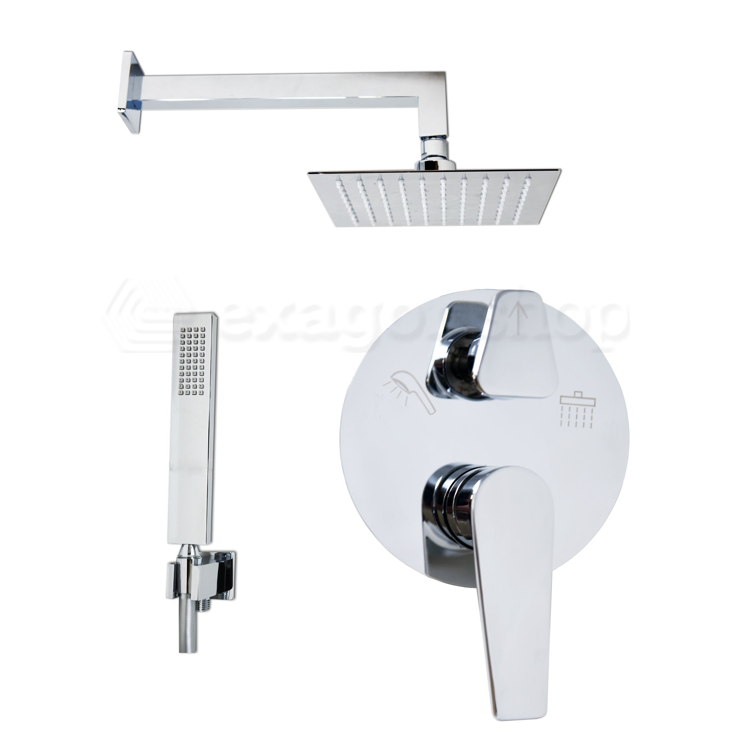 Set doccia incasso 2 vie con soffione 20x20 cm slim 2 mm quadro braccio 30 cm e doccetta in acciaio cromo Smart