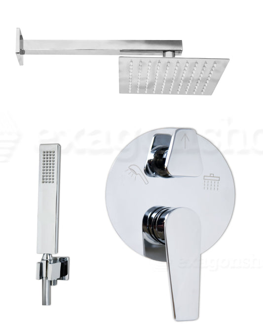 Set miscelatore incasso soffione 20x20 doccia slim cromo Cromo Lucido, dettaglio ravvicinato della finitura e del marchio...