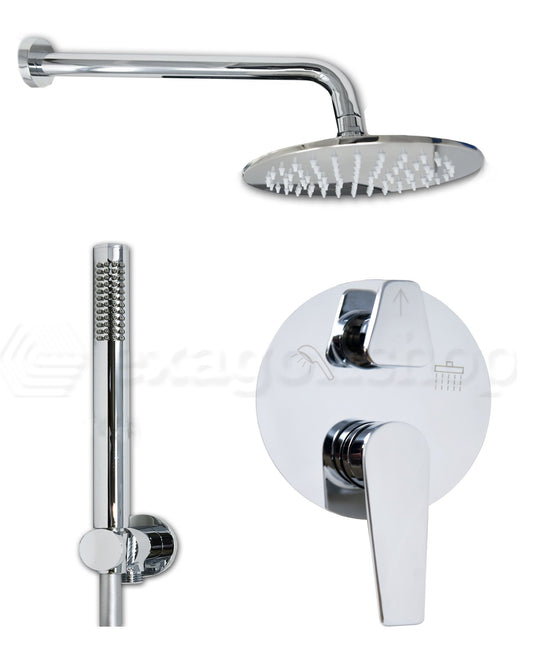 Set miscelatore incasso soffione 20 cm braccio 30 cm Cromo Lucido, dettaglio ravvicinato della finitura e del marchio...
