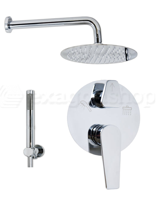 Set miscelatore doccia soffione 25 cm slim e doccetta cromo Cromo Lucido, dettaglio ravvicinato della finitura e del...