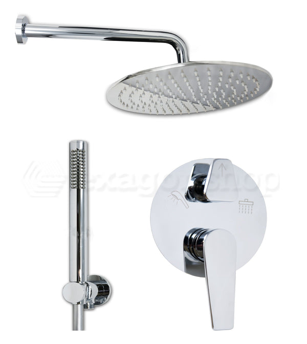 Set soffione 30 cm tondo miscelatore doccia incasso 2 vie braccio 30 cm e doccetta cromo Smart
