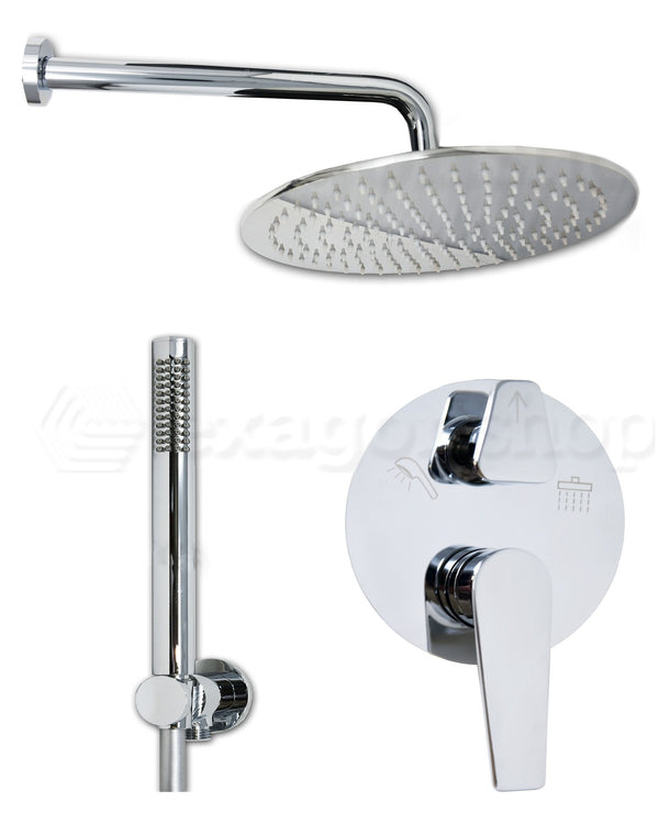 Set miscelatore incasso soffione 30 cm braccio 30 cm Cromo Lucido, dettaglio ravvicinato della finitura e del marchio...