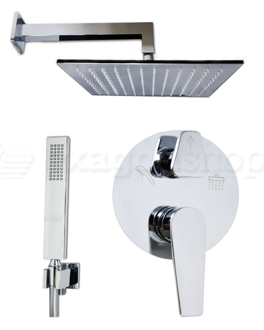 Set miscelatore doccia soffione 30x30 quadro doccetta cromo Cromo Lucido, dettaglio ravvicinato della finitura e del...