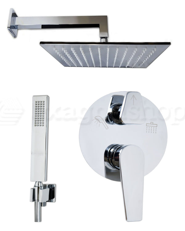 Set miscelatore doccia soffione 30x30 quadro doccetta cromo Cromo Lucido, dettaglio ravvicinato della finitura e del...