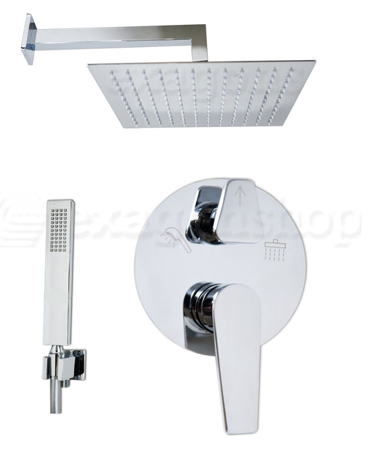 Set miscelatore doccia incasso 2 vie con soffione 30x30 Cromo Lucido, dettaglio ravvicinato della finitura e del marchio...