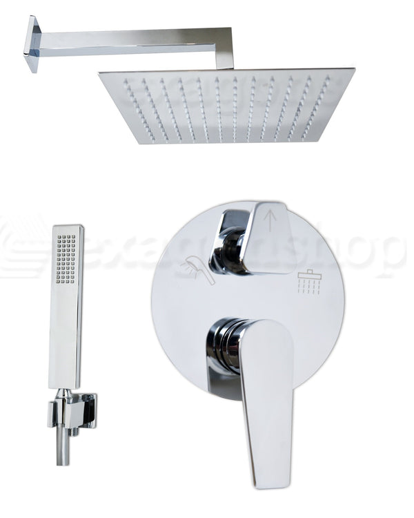 Set miscelatore doccia incasso 2 vie con soffione 30x30 Cromo Lucido, dettaglio ravvicinato della finitura e del marchio...