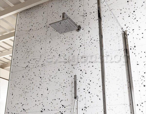 Set soffione doccia 20x20 quadro Smart braccio 30 cm cromo, dettaglio ravvicinato della finitura e del marchio - Exagonshop