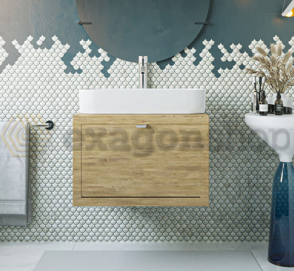 Mobile bagno 60x50 Rovere farnia Thema con cassetto e Lavabo da appoggio in ceramica