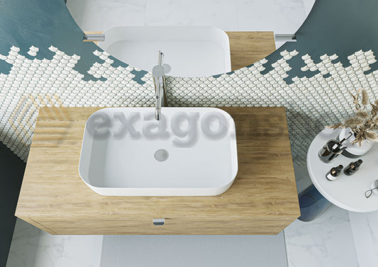 Mobile bagno 110x50 Thema Rovere farnia con Lavabo in, vista dall'alto del piano con lavabo - Exagonshop