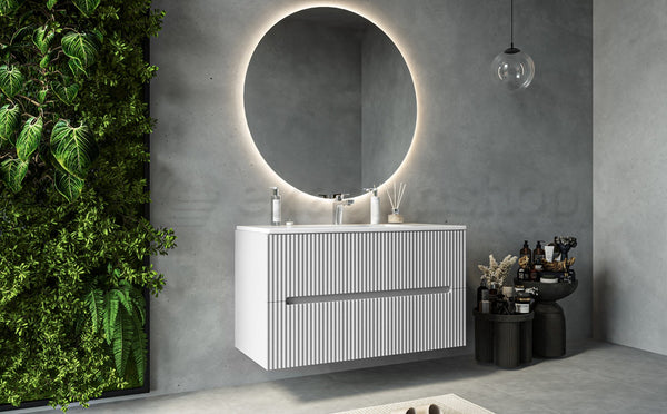 Mobile bagno bianco opaco 100x46 cannettato Urbino 2.0 con lavabo in resina e due cassetti