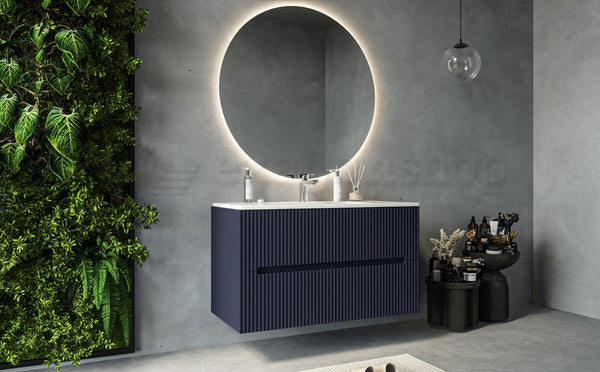 Mobile bagno blu marino 100x46 cannettato Urbino 2.0 con lavabo in resina e due cassetti