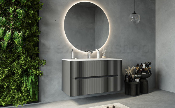Mobile bagno grigio 100x46 cannettato Urbino 2.0 con lavabo in resina e due cassetti