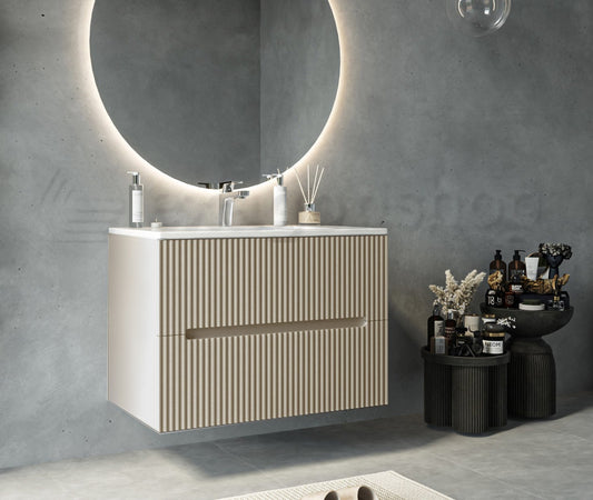 Mobile bagno beige 80x46 cannettato Urbino 2.0 con lavabo ambientato in bagno moderno con specchio e accessori - Exagonshop