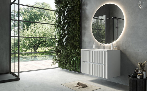 Mobile bagno bianco opaco 80x46 cannettato Urbino 2.0 con lavabo in resina e due cassetti