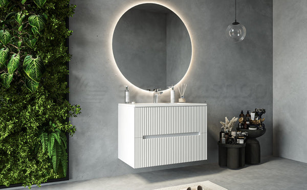 Mobile bagno bianco opaco 80x46 cannettato Urbino 2.0 con lavabo in resina e due cassetti