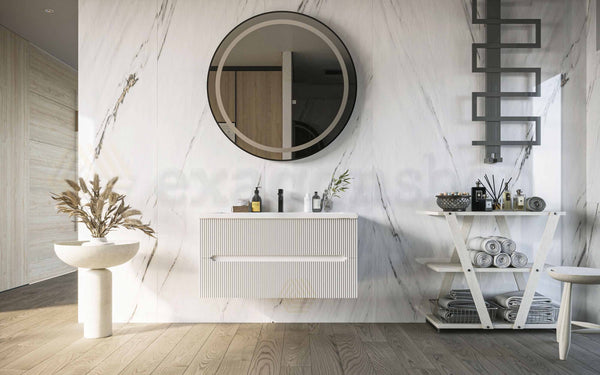 Mobile bagno bianco opaco 120x46 cannettato Urbino due cassetti con lavabo in ceramica
