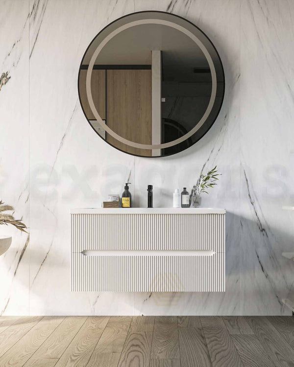 Mobile bagno bianco opaco 120x46 cannettato Urbino con, dettaglio ravvicinato della finitura e del cassetto - Exagonshop