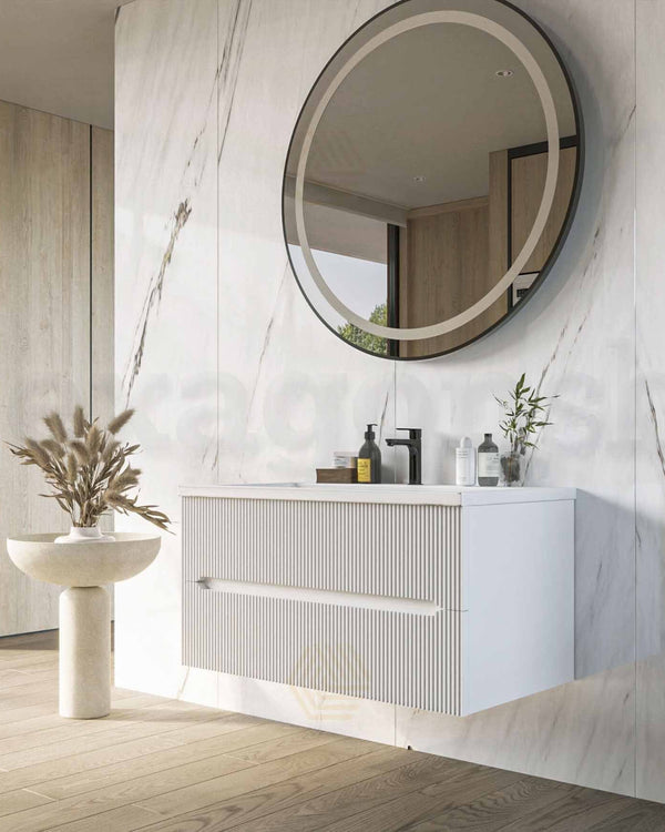 Mobile bagno bianco opaco 120x46 cannettato Urbino con, vista dall'alto del piano con lavabo - Exagonshop