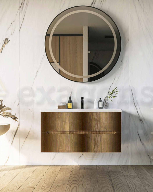 Mobile bagno noce chiaro 120x46 cannettato Urbino con, dettaglio ravvicinato della finitura e del cassetto - Exagonshop