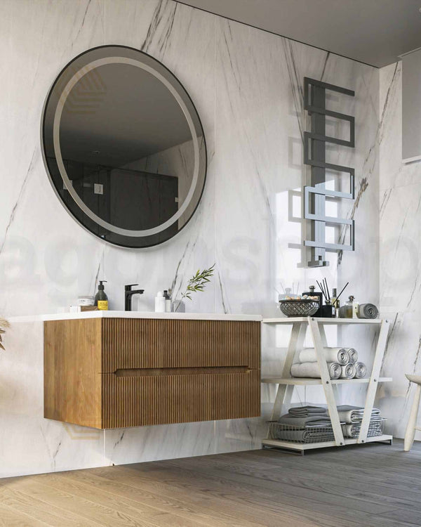 Mobile bagno noce chiaro 120x46 cannettato Urbino con, vista dall'alto del piano con lavabo - Exagonshop