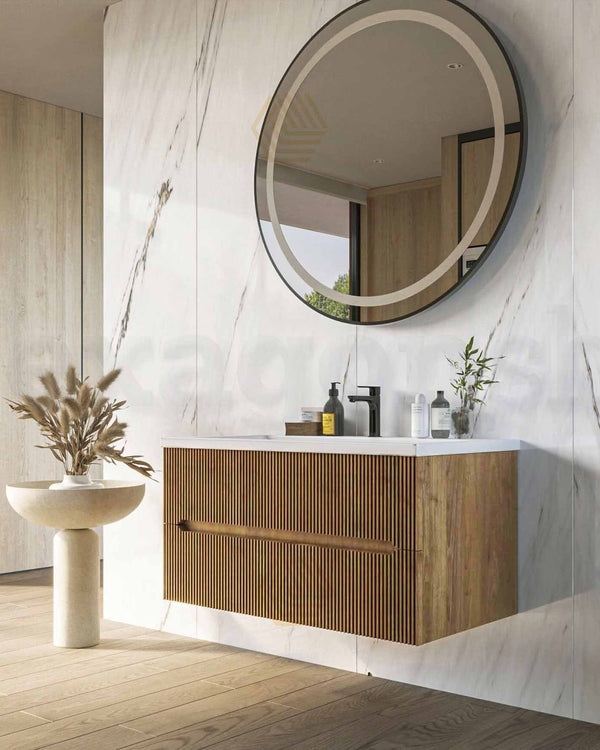 Mobile bagno noce chiaro 120x46 cannettato Urbino con, vista laterale della struttura sospesa - Exagonshop