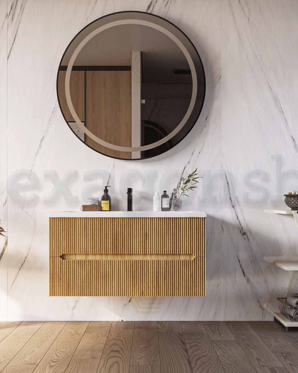Mobile bagno rovere 120x46 cannettato Urbino lavabo in, dettaglio ravvicinato della finitura e del cassetto - Exagonshop