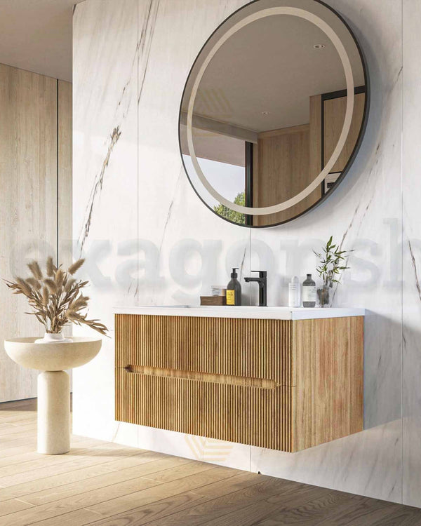 Mobile bagno rovere 120x46 cannettato Urbino lavabo in, vista laterale della struttura sospesa - Exagonshop