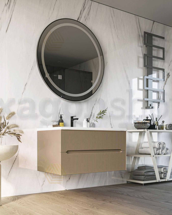 Mobile bagno tortora opaco 120x46 cannettato Urbino con, dettaglio ravvicinato della finitura e del cassetto - Exagonshop