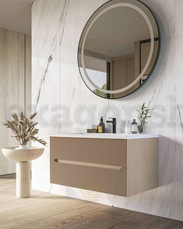 Mobile bagno tortora opaco 120x46 cannettato Urbino con, vista dall'alto del piano con lavabo - Exagonshop