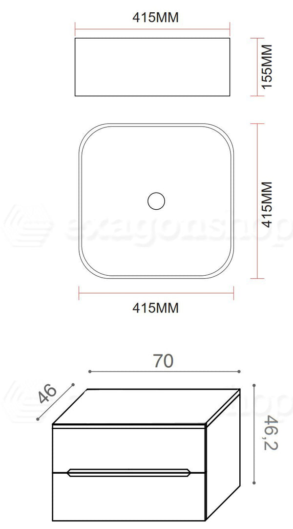 Mobile bagno noce chiaro 70x46 cannettati Urbino con ciotola da appoggio quadra in ceramica e due cassetti