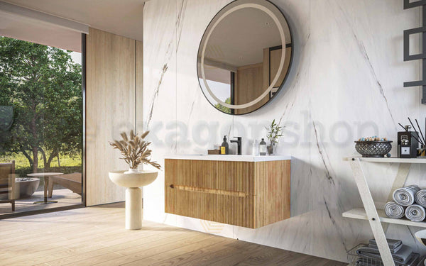 Mobile bagno rovere 90x46 cannettato Urbino due cassetti con lavabo in ceramica