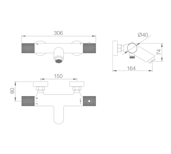 Set miscelatori lavabo bidet e vasca Melin nero opaco visto dall'alto con superficie e piletta di scarico - Exagonshop