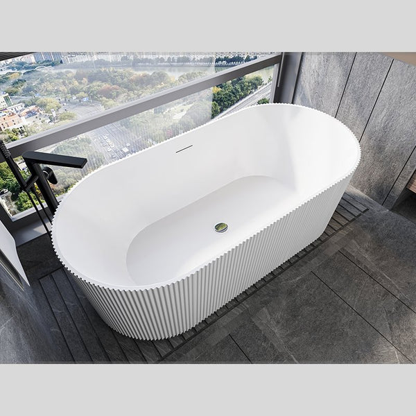 Vasca 170x80 Jeorgia freestanding in acrilico cannettato visto dall'alto con superficie e piletta di scarico - Exagonshop