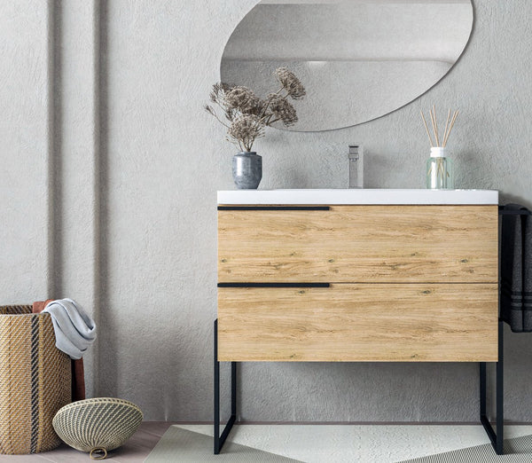 Mobile bagno Quercia naturale 100x45 Venezia a pavimento con portasciugamani e Lavabo