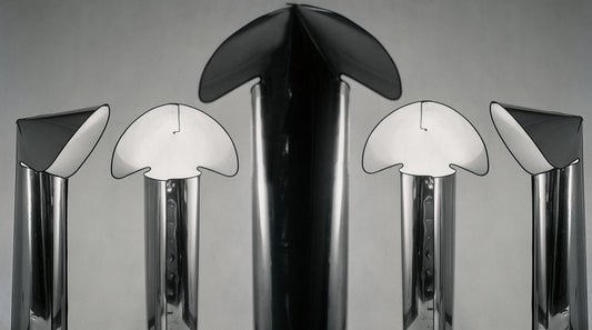 Flos Chiara Floor lampada a pavimento 145 cm in acciaio Stainless Steel spenta, dettaglio del corpo lampada e dei materiali
