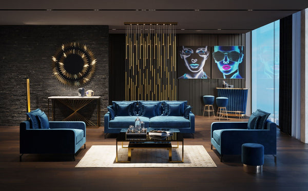 Cherry pouf sgabello 35 cm glamour moderno con fascia ottone e tessuto effetto velluto blu