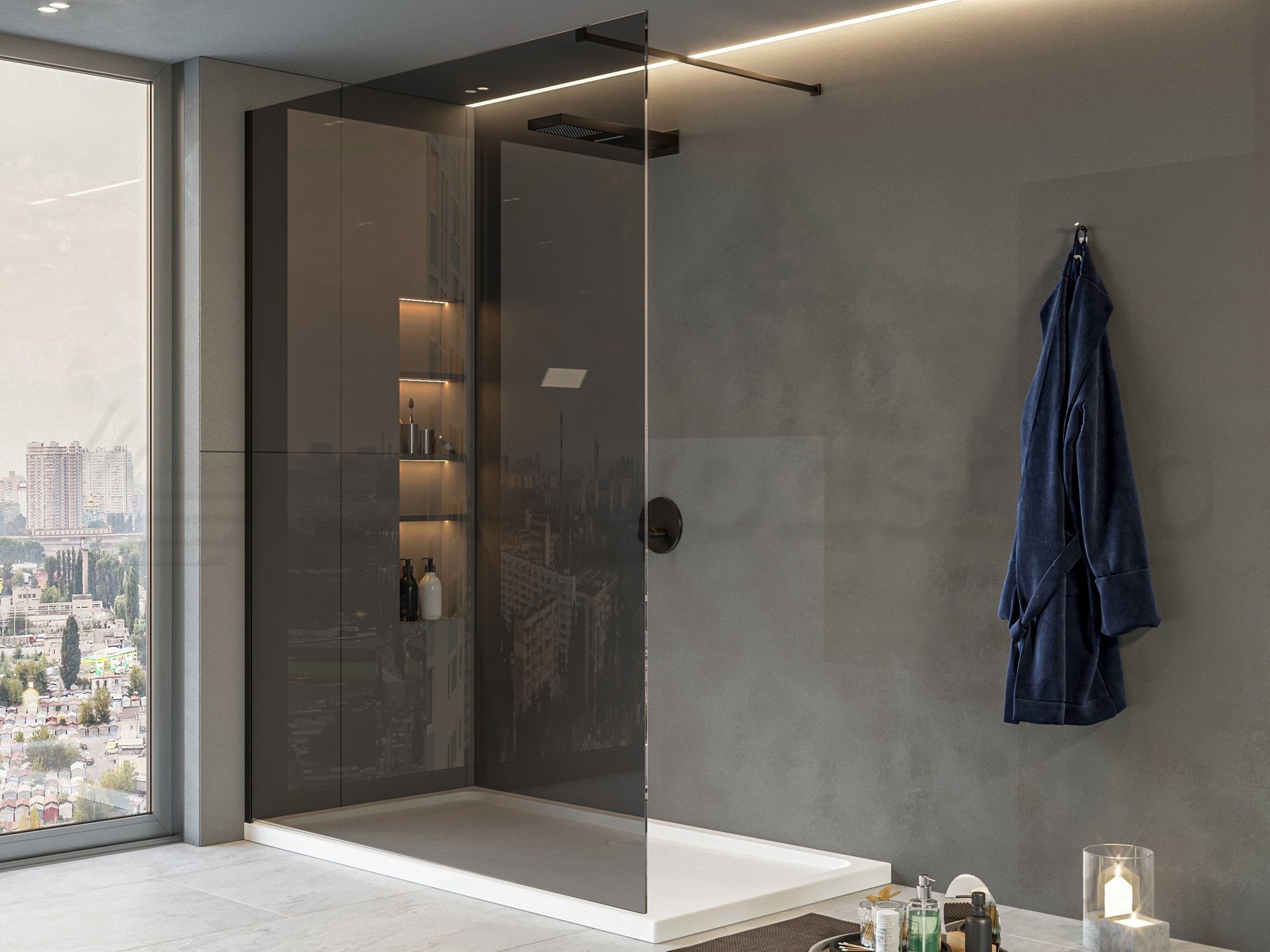 Walk in parete doccia fissa 100 cm H 200 spessore 8 mm in cristallo fume profili nero opaco Genio
