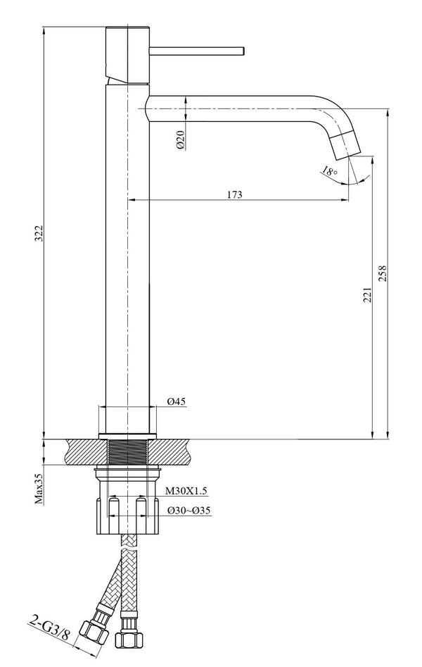 Rubinetto lavabo alto monocomando in ottone nero opaco Hidden