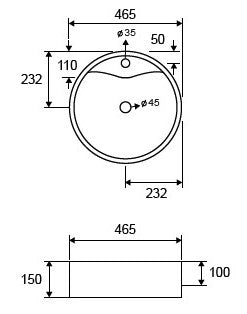 Ciotola 46,5 Cm Da Appoggio con bordo rubinetteria In, vista laterale del profilo e della forma - Exagonshop