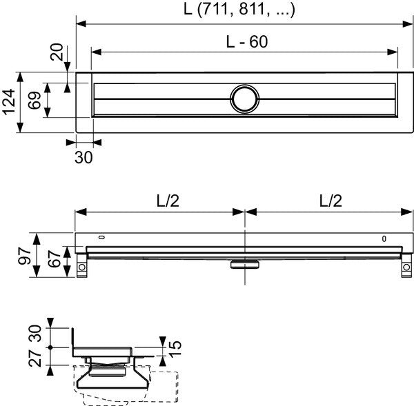 Tece TECEdrainline 601201 canalina doccia lineare con flangia rialzata a parete e nastro sigillante Seal System 1200 mm