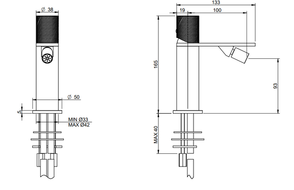 Treemme 3.6 miscelatore bidet con manopola zigrinata inox satinato