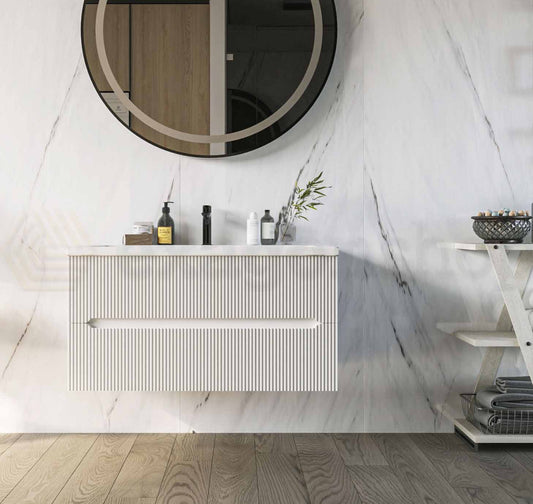 Mobile bagno bianco opaco 90x46 cannettato Urbino due cassetti con lavabo in ceramica