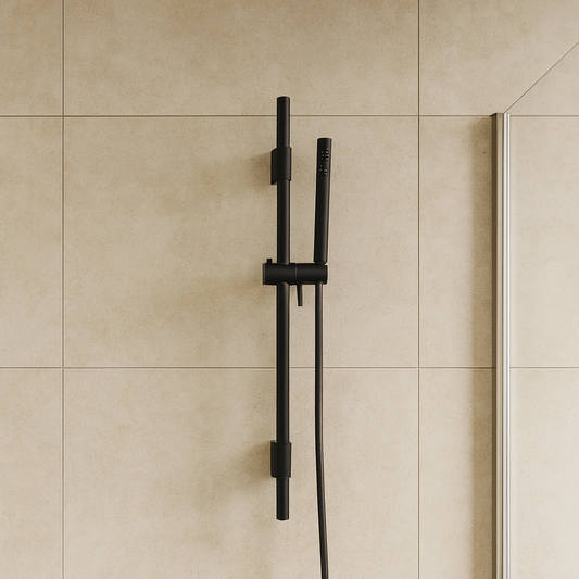 Asta doccia con saliscendi doccetta tonda in ottone e flessibile in pvc nero opaco