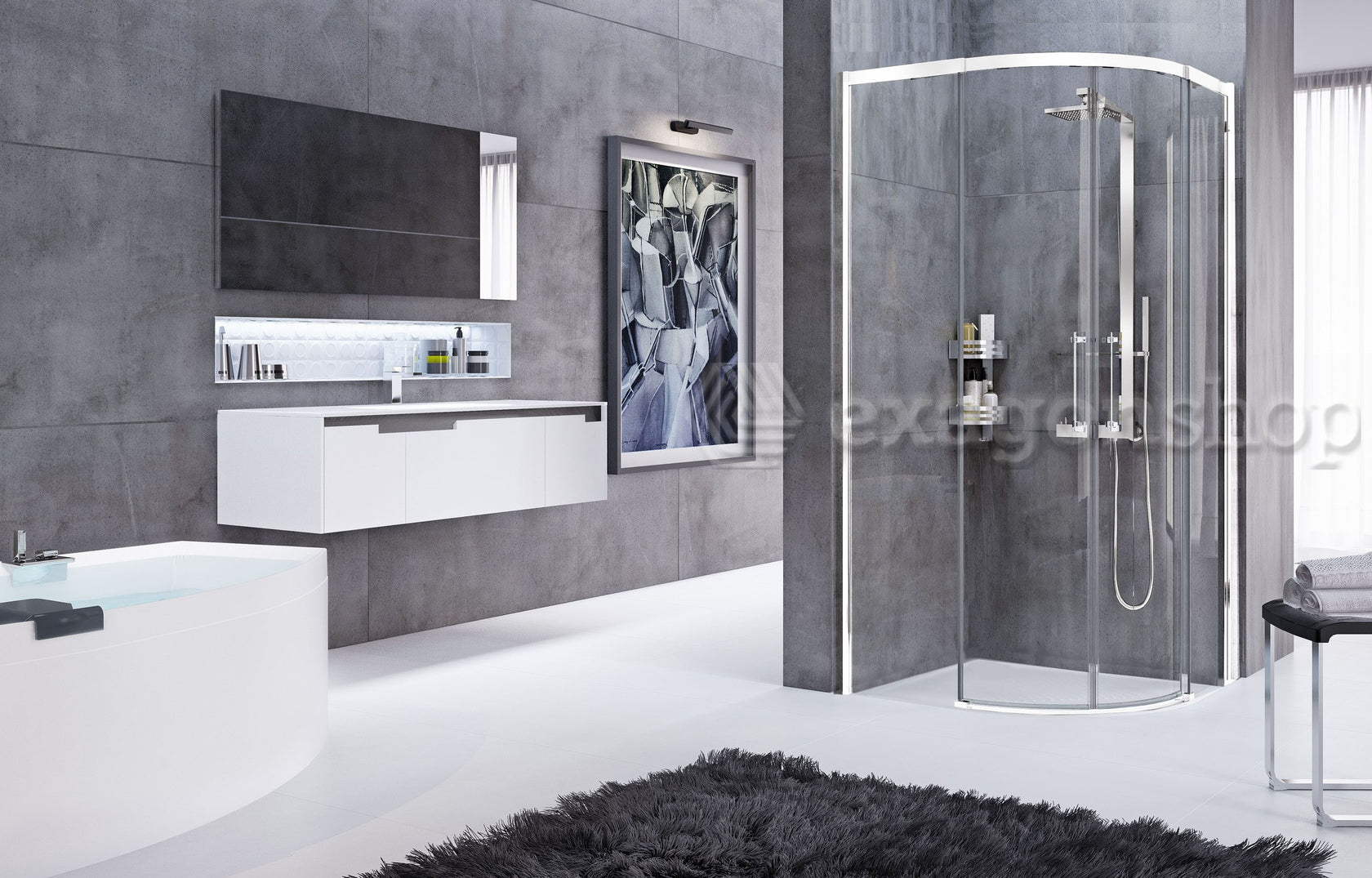Novellini Rose Rosse R Box Doccia curvo 80x100 su pavimento in bagno completo, vista d'insieme dell'ambiente